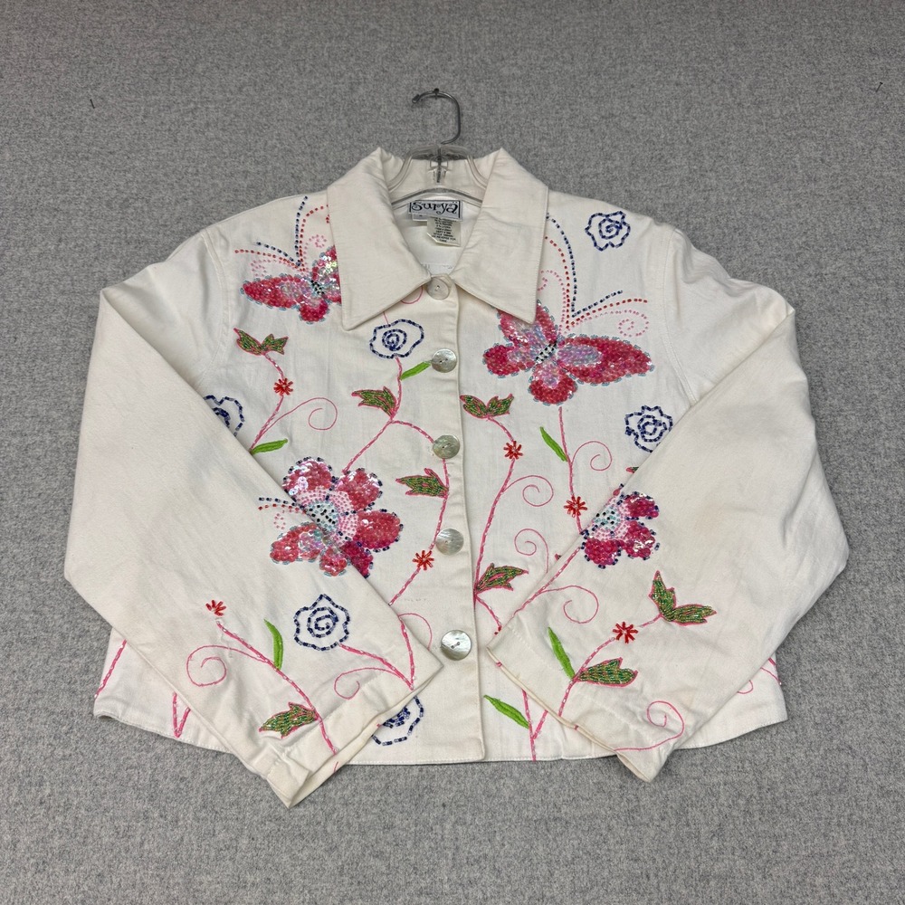 Surya Jacket Size S White Sequin Beaded Butterfly Floral Embroidered Button Fron